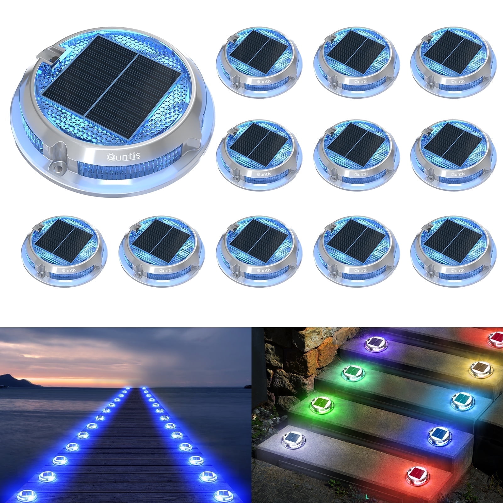 Quntis Solar Deck Lights 12 Pack , 11 Lighting Modes Solar Dock Lights, IP68 Waterproof Solar Step Lights for Garden Pathway Driveway Step Dock Ground